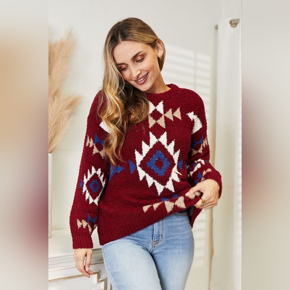 HEYSON Designer Wine Color Full Size Aztec Soft Plush Fuzzy Sweater - Picture 3 of 10
